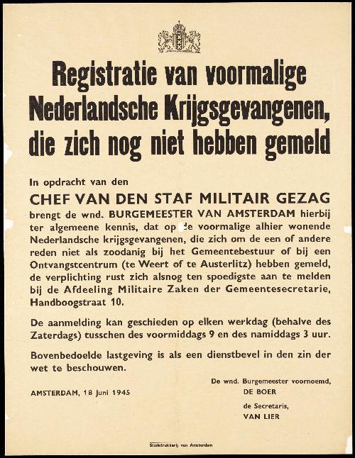 Registratie van voormalige Nederlandsche krijgsgevangenen die zich nog niet hebben gemeld.